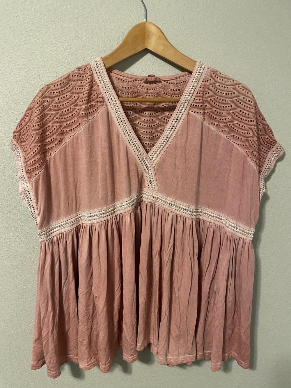 POL Tunic Top Womens Medium Pink Crochet Lace Babydoll Oversized Boho Festival